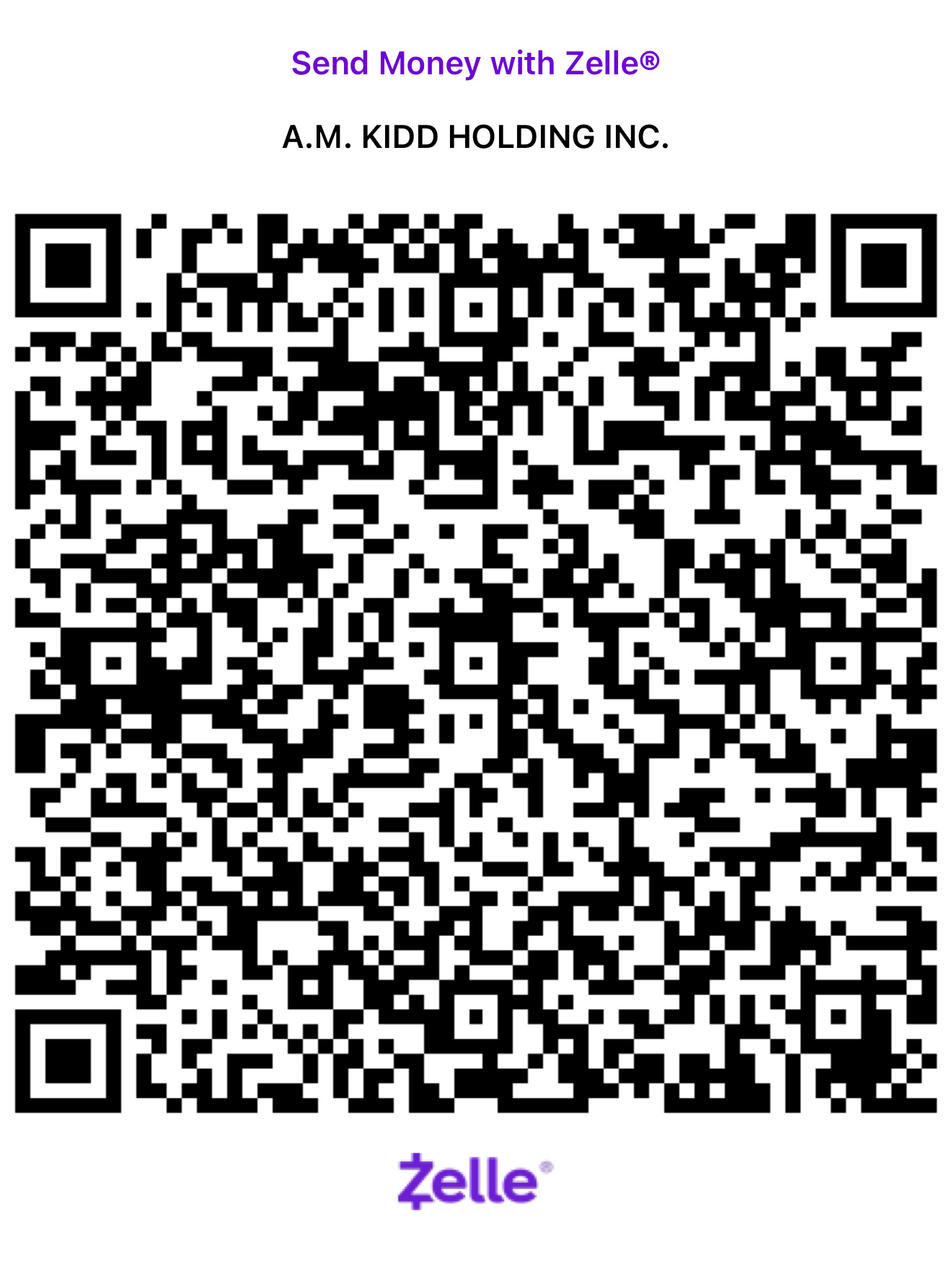 Zelle QR code for A.M. Kidd Holding Inc.