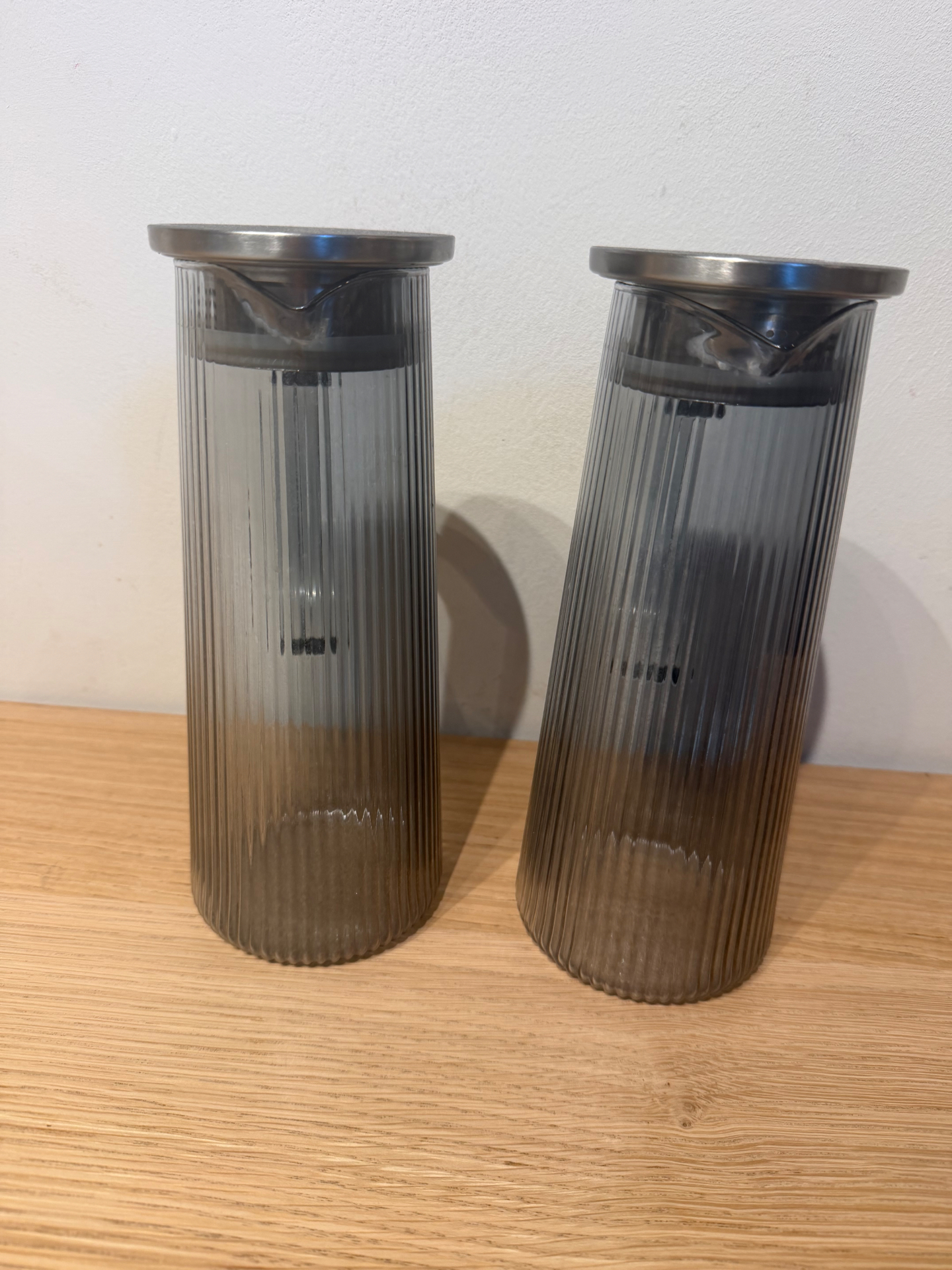 2 Ribbed Glass Carafes / Beverage Pitchers