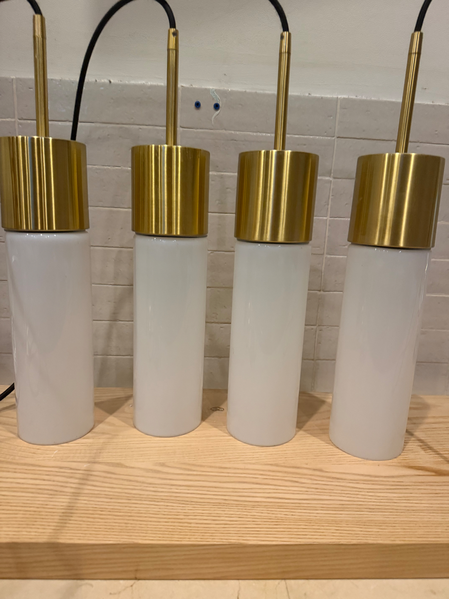 Brushed Brass & White Opal Glass Cylinder Pendant Lights — Single, Pair, or All 4