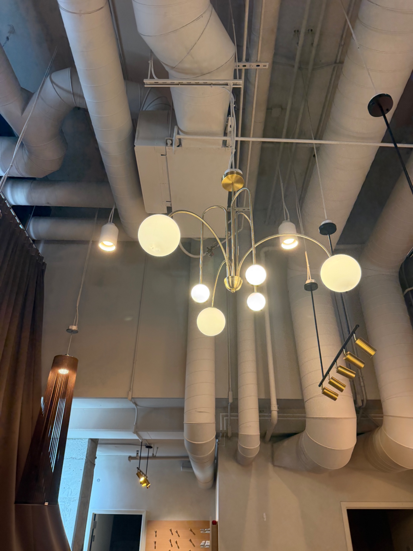 Sculptural Brass Multi-Globe Chandeliers — Matching Pair